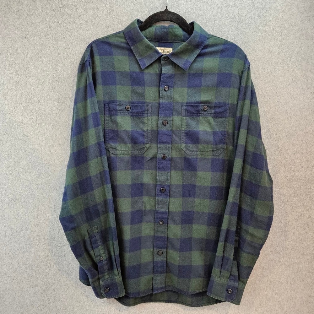 LL BEAN Flannel Shirt Mens‎ M Green Blue Buffalo Plaid Slightly Fitted Outdoor